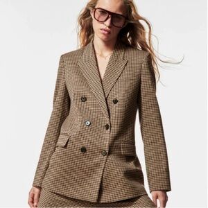 Zara Textured Brown Check Double Breasted Blazer Jacket Size XS